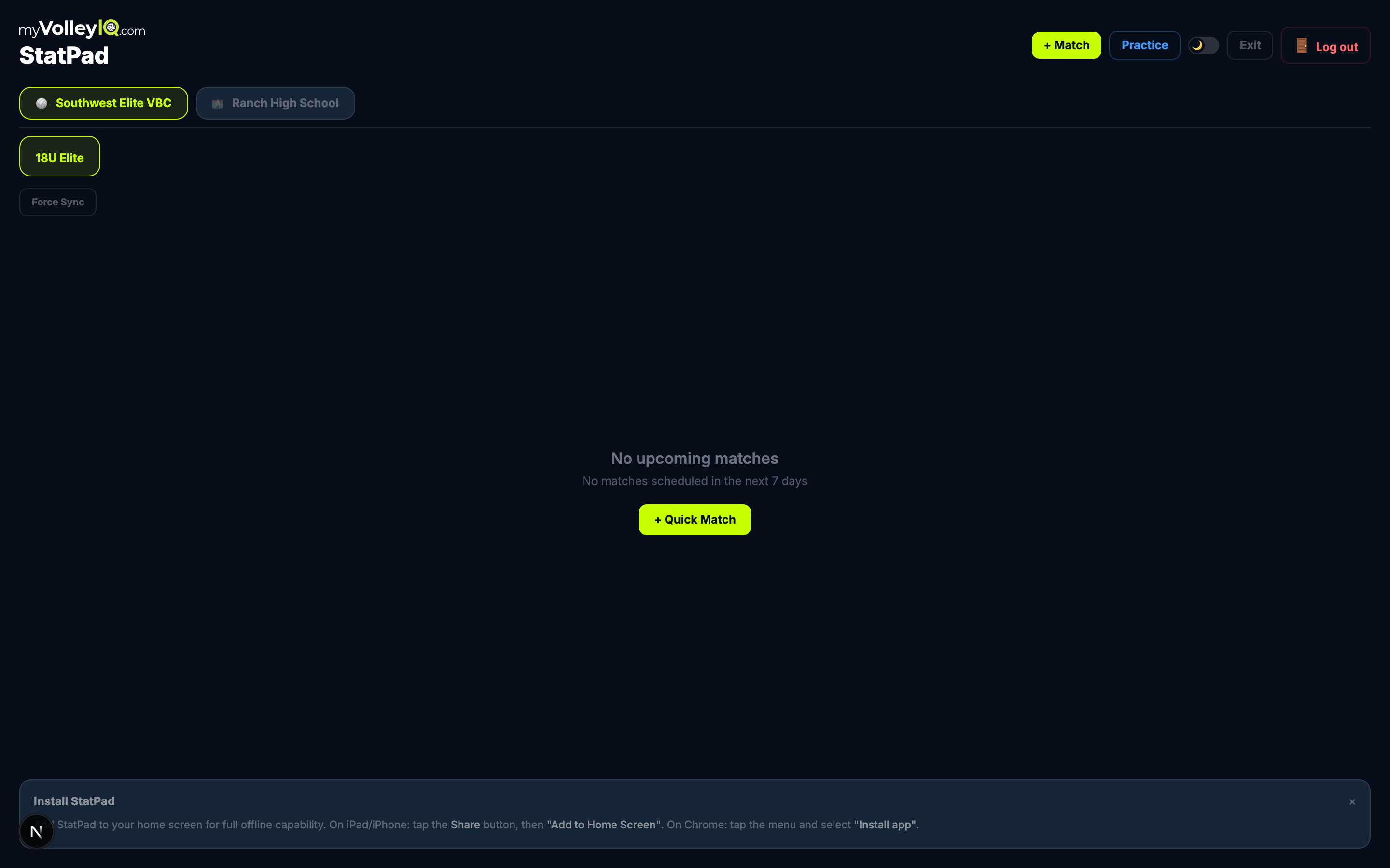 StatPad home screen with matches and tournaments